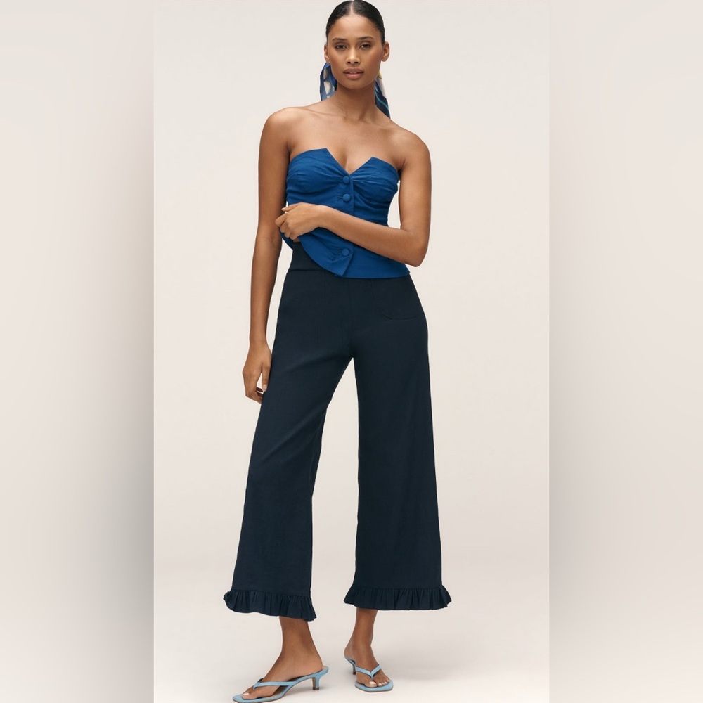 Colette Magic Fabric Ruffle-Hem Crop Wide-Leg Pants Maeve in Mightnight Navy NEW